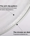 Close-up of anti-slip pattern and circular arc design details on 12 Inch Glass Microwave Plate Replacement Built To Last, Heavy Duty Heat Resistant BPA Free Dishwasher Safe Compatible With W10337247 W11367904 W11291538 Turntable Tray.