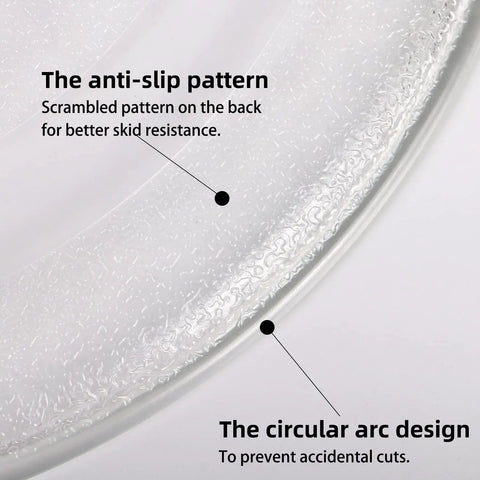 Close-up of anti-slip pattern and circular arc design details on 12 Inch Glass Microwave Plate Replacement Built To Last, Heavy Duty Heat Resistant BPA Free Dishwasher Safe Compatible With W10337247 W11367904 W11291538 Turntable Tray.