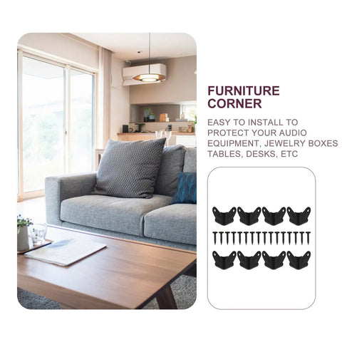 Black Iron Corner Guards For Cabinets And Speakers displayed with screws on furniture background
