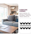 Living room scene with furniture and iron corner guards for cabinets and speakers, heavy duty furniture edge protectors in black