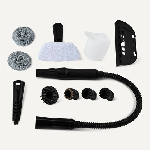 Kick Grime To The Curb With This Heavy Duty Handheld Steam Cleaner Featuring Nine Nifty Attachments including brushes and nozzles.