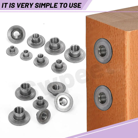 Heavy Gauge Carbon Steel Tee Nut Assortment Kit Including 85 Pieces In Five Core M4 Through M10 Threads for furniture assembly.