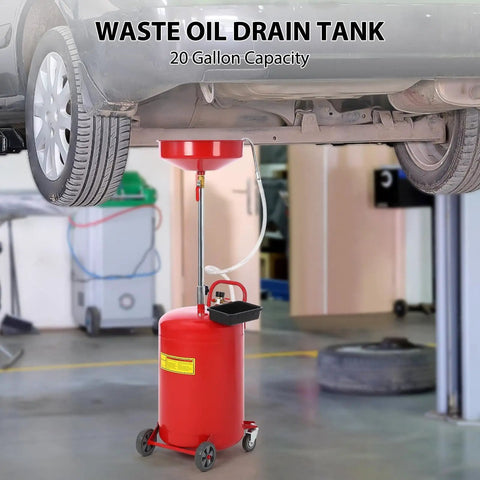 Sierra Squad 20 Gallon Waste Oil Drain Tank Portable Fluid Transfer Drum Air Operated Pump System shown under a vehicle.