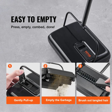 No Strings Attached Manual Carpet Sweeper For Hardwood Floors Tile And Area Rugs with easy to empty features demonstrated.