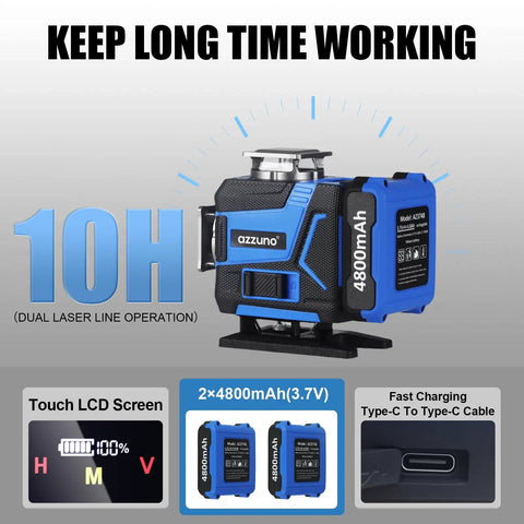 Pro Grade Laser Level With Tripod And Outdoor Receiver, 4x360 Degree Green Lines, Self Leveling To 165 Ft, 16 Ultra Bright Lines, Built Tough For Outdoors, Dual 4800mAh Rechargeable Batteries, Perfect For DIYers And Home Projects, blue laser level with 4800mAh battery