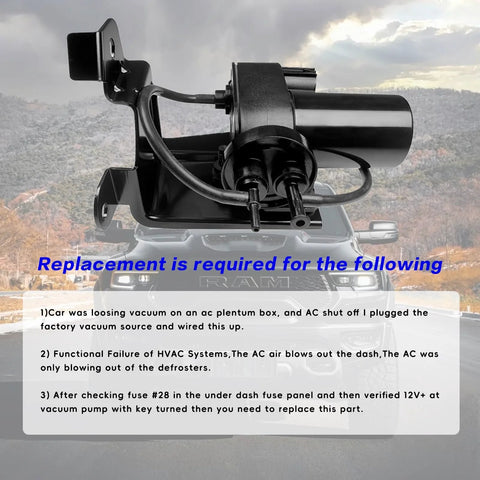 UVYMZY 12V automotive vacuum pump assembly side view; compatible with Ford Excursion and Dodge trucks.
