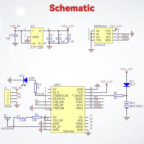 Schematic diagram for 4 Pack Dual Mode GPS Module With GLONASS NEO-6M Chip, High Sensitivity -161dBm, 3V-5V, compatible connections