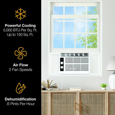 No Sweat 5000 BTU Energy Efficient Window Air Conditioner And Dehumidifier For Rooms Up To 150 Square Feet Featuring Quick Window Mounting Kit For Chill Days Ahead In Crisp White Finish