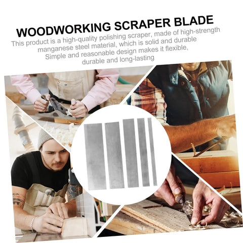Heavy Duty Five Piece Woodworking Scraper Set Job Site Ready Smooth Cabinet Polisher For Wood Surface Prep Easy Glide Blades close-up of polished scraper blades.