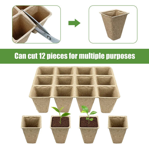 10 Pack Biodegradable Peat Pots And 120 Cell Seedling Starter Tray Set with cuttable sections and plant growth examples
