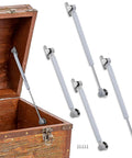 4 Pack 15 Inch Soft Close Toy Box Hinges With 100N Gas Struts installed on wooden chest, hinges shown separately, slow close feature