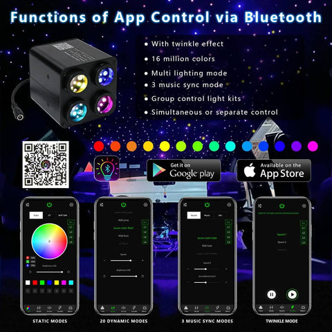 Car Starlight Headliner Kit With 36W Four Color Twinkle Fiber Optic Lights and app control functions displayed on screens