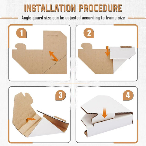 Installation steps for 120 Pack Adjustable Cardboard Corner Protectors For Frames And Artwork, showing folding and assembling process.