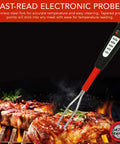 Digital Meat Thermometer Fork for Grilling and BBQ with fast-read probes measuring steak temperature on a grill.