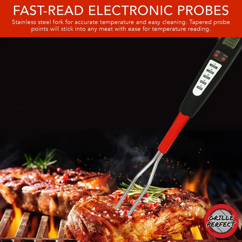 Digital Meat Thermometer Fork for Grilling and BBQ with fast-read probes measuring steak temperature on a grill.