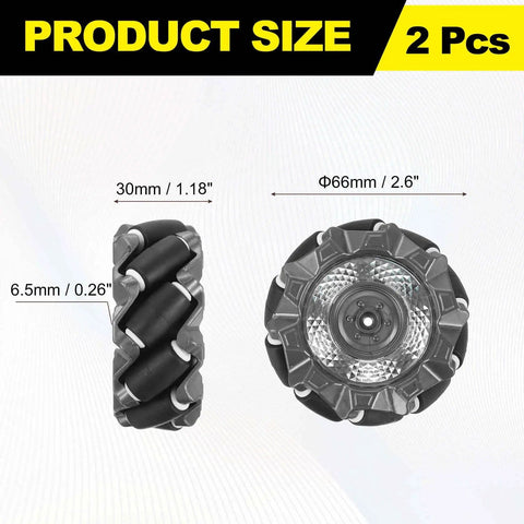 Omnidirectional Mecanum Wheel Set For Smart Robot Cars And DIY Models, 66mm ABS Rubber Wheels, 2.6 Inch Diameter, side and front view