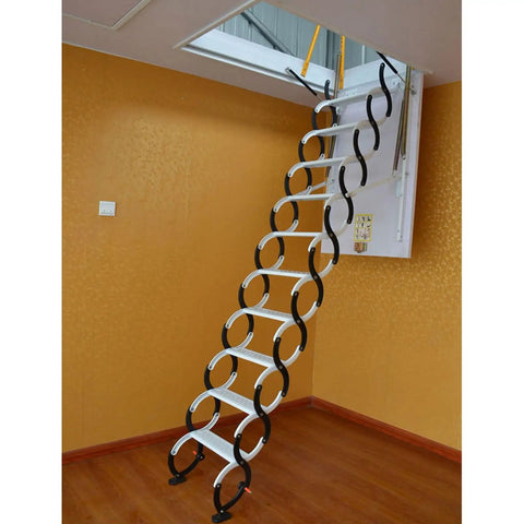 Heavy Duty Electric Attic Staircase With Slick Retracting Telescoping Ceiling Ladder Rock Solid Carbon Steel Hatch Cover in use.