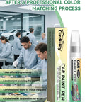 Technicians using Cordelity Car Paint Pen in professional lab with cars in background