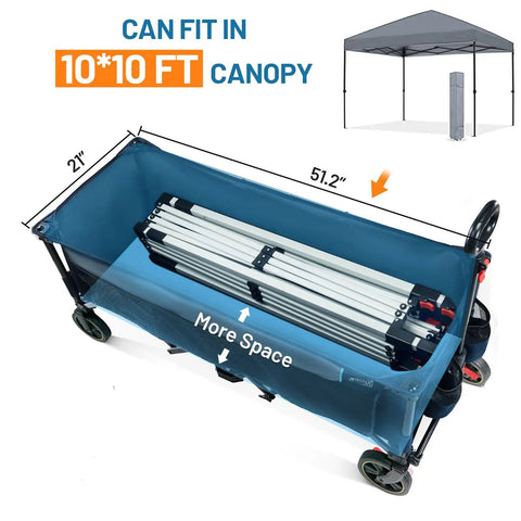 Extended 51 Inch Collapsible Wagon Cart With 500 Lb Load Capacity And 400L Storage shown with dimensions and canopy fit