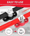 12V Pair Of Single Stud Power Distribution Blocks Beefy With Red Positive And Black Negative Insulated Bus Bars, Three Eighths Inch Studs, And M10 Terminal Posts, Battery Junction Block For Marine Boat And Automotive, 250A At 12V, 48V Max showing red and black bus bars