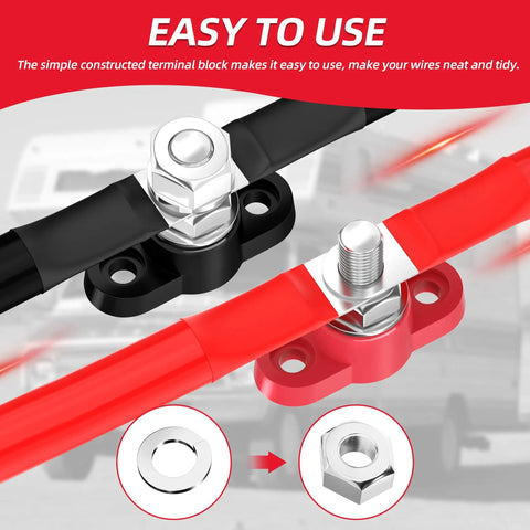 12V Pair Of Single Stud Power Distribution Blocks Beefy With Red Positive And Black Negative Insulated Bus Bars, Three Eighths Inch Studs, And M10 Terminal Posts, Battery Junction Block For Marine Boat And Automotive, 250A At 12V, 48V Max showing red and black bus bars