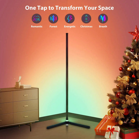 RGB Corner Floor Lamp With Bluetooth App Control And Remote Music Sync LED Mood Lighting next to dresser and Christmas tree in living room