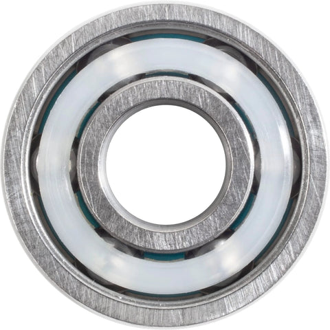 Bones Big Balls Reds skateboard bearing; close-up view shows metal outer race, white seal, teal inner ring