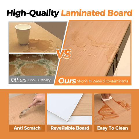 Comparison of high-quality laminated board showing water resistance and durability with anti-scratch and easy-to-clean features.