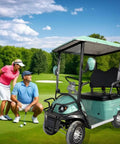Sick Double Seat Electric Golf Cart Cruises Smooth Over Rough Terrain With Heavy Duty Independent Suspension And A Raw 800 Watt Motor Hitting 20 Mph Perfect For Country Roads Beach Shacks Hunting Plots And Country Ranches In Matte Green on a golf course.