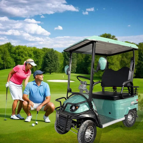 Sick Double Seat Electric Golf Cart Cruises Smooth Over Rough Terrain With Heavy Duty Independent Suspension And A Raw 800 Watt Motor Hitting 20 Mph Perfect For Country Roads Beach Shacks Hunting Plots And Country Ranches In Matte Green on a golf course.