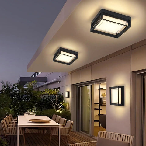 Square Flush Mount Outdoor LED Ceiling Light Fixture 9 Inch 120V 24W 3000K Black Waterproof For Wet Areas Porch Patio Coastal Ready Rust Resistant Aluminum And PC Shade installed on patio ceiling