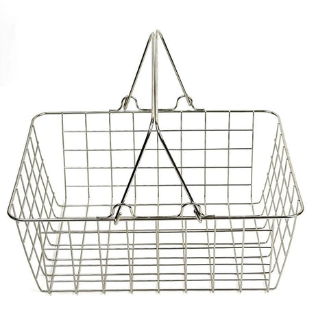 Heavy Duty Iron Shopping Basket With Cushioned Ergonomic Handle Straight Up Durable Grocery Tote For Home Market And Kitchen Runs No Sweat Heavy Load Errand Caddy in silver wire design.