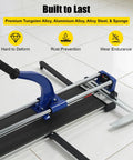 Heavy-Duty Manual Tile Cutter 31 Inch For Ceramic And Porcelain Tiles With Tungsten Blade and rail guides shown with handle and guide ruler.