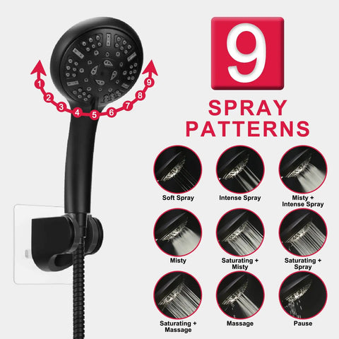 9 spray patterns of 10 Inch High Pressure Rainfall Shower Head Kit With 11 Inch Adjustable Arm And 9-Setting Handheld