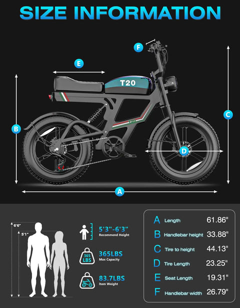 Electric Fat Tire Bike For Adults With 2500W Peak Motor, diagram showing size specifications and dimensions for bike model T20.
