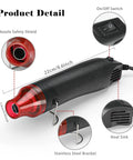 Close-up of mini heat gun showing on/off switch, nozzle safety shield, stainless steel bracket, and heat sink details