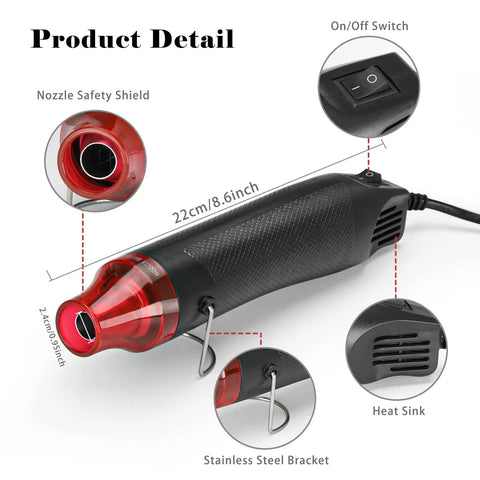 Close-up of mini heat gun showing on/off switch, nozzle safety shield, stainless steel bracket, and heat sink details