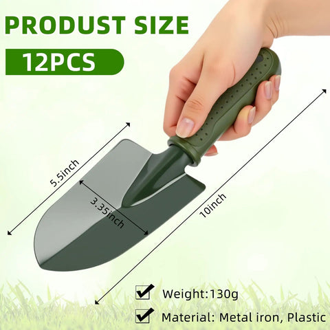 Hand holding a garden trowel from 12 Piece Garden Shovel And Trowel Set With Metal Blades And Plastic Handles Grippy Anti Slip Garden Hand Tools For Digging Planting Weeding And Transplanting In Lawn And Yard Home Or Farm Built For Busy Backyards.