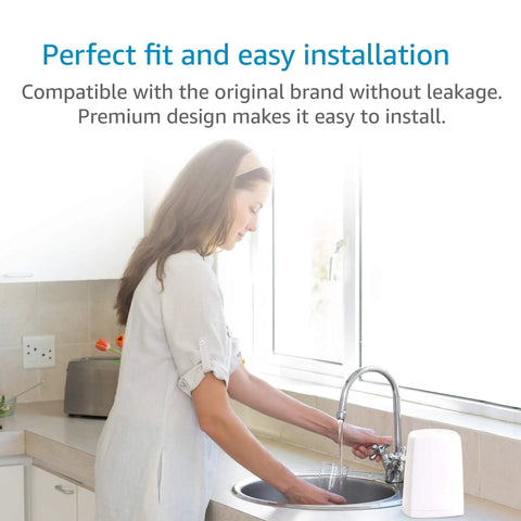 Woman installing Replacement Faucet Water Filter For Aquasana AQ-4035 Systems in kitchen, ensuring clean fresh tasting tap water.
