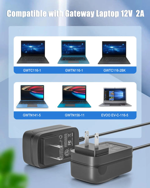 Reliable 12V 2A Laptop Charger With No Sweat Setup And Dead Reliable Performance For Gateway Gwtc116 And Gwtn133 Models, shown with compatible laptops.