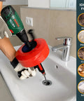 Self Feeding Drill Ready Drain Snake For Kitchen And Bath Clogs Five Zero Foot Heavy Duty Plumbing Auger With No Hand Cranking in use on sink.