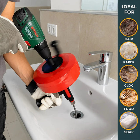 Self Feeding Drill Ready Drain Snake For Kitchen And Bath Clogs Five Zero Foot Heavy Duty Plumbing Auger With No Hand Cranking in use on sink.