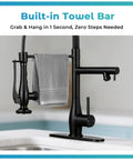 RNDIOZD Kitchen Faucet with Pull Down Sprayer, 2-Spout, Matte Black with built-in towel bar and gray towel.