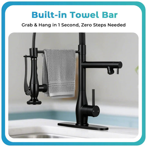 RNDIOZD Kitchen Faucet with Pull Down Sprayer, 2-Spout, Matte Black with built-in towel bar and gray towel.