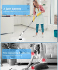 Cordless Electric Spin Scrubber With 8 Replaceable Heads, 360 Power Scrubber in use on kitchen tiles by a standing woman.