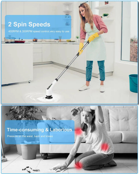 Cordless Electric Spin Scrubber With 8 Replaceable Heads, 360 Power Scrubber in use on kitchen tiles by a standing woman.