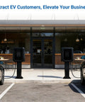 Outdoor EV Charger Enclosure With Key Lock in front of a cafe, steel box with tempered glass front, installed in parking lot.