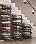 Premium Pullout Shoe Rack Organizer For Closet Adjustable Height Retractable Metal Stackable Vertical shelf displaying various footwear.
