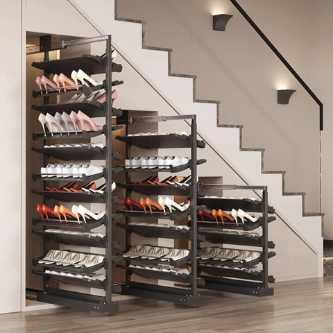 Premium Pullout Shoe Rack Organizer For Closet Adjustable Height Retractable Metal Stackable Vertical shelf displaying various footwear.