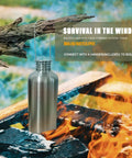Survival Ready 3-In-1 42oz Water Bottle hanging over fire, used as a boiler, stainless steel canteen for camping.